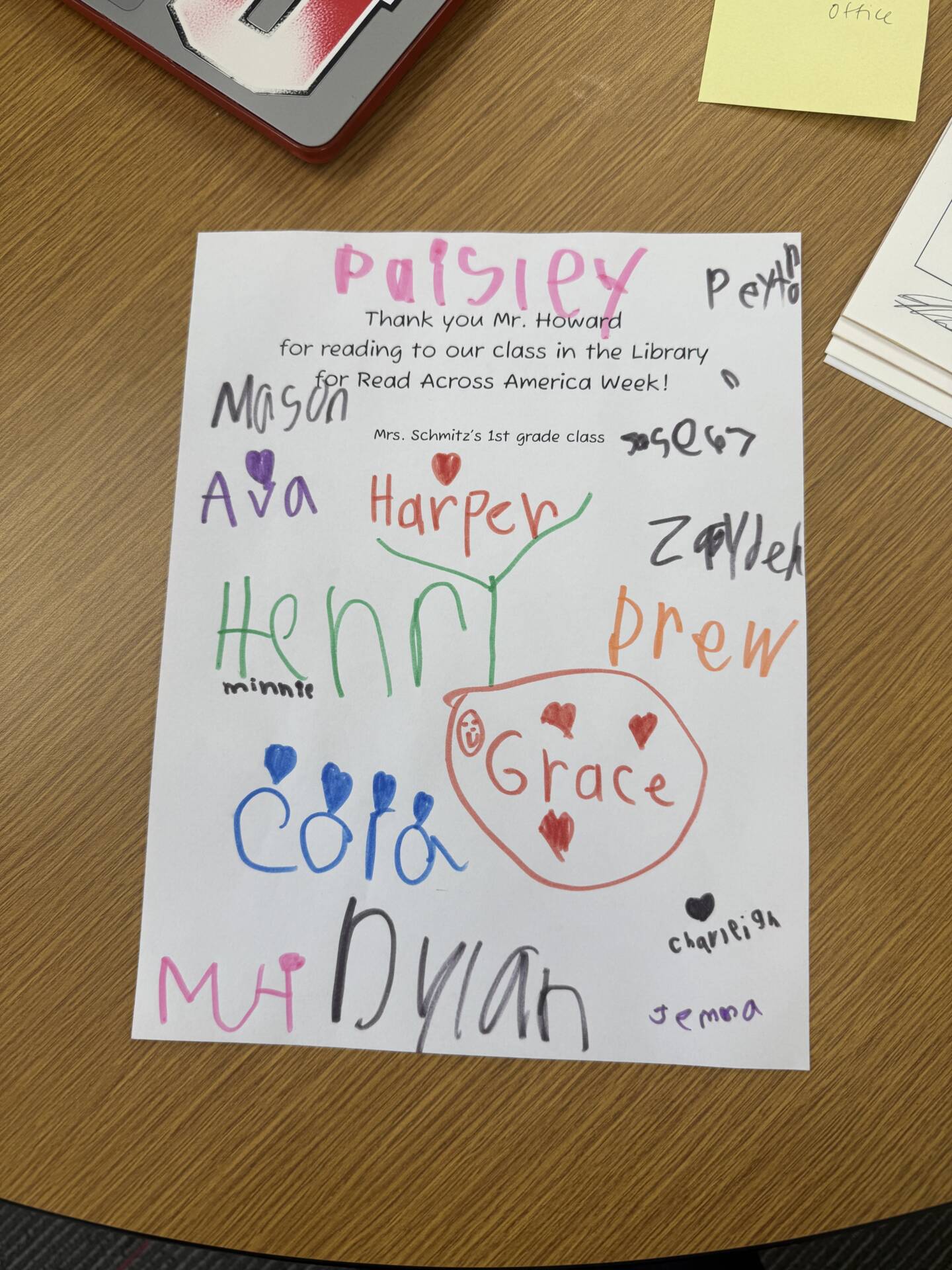Colorful thank-you card signed by first graders for a guest reader during Read Across America Week.