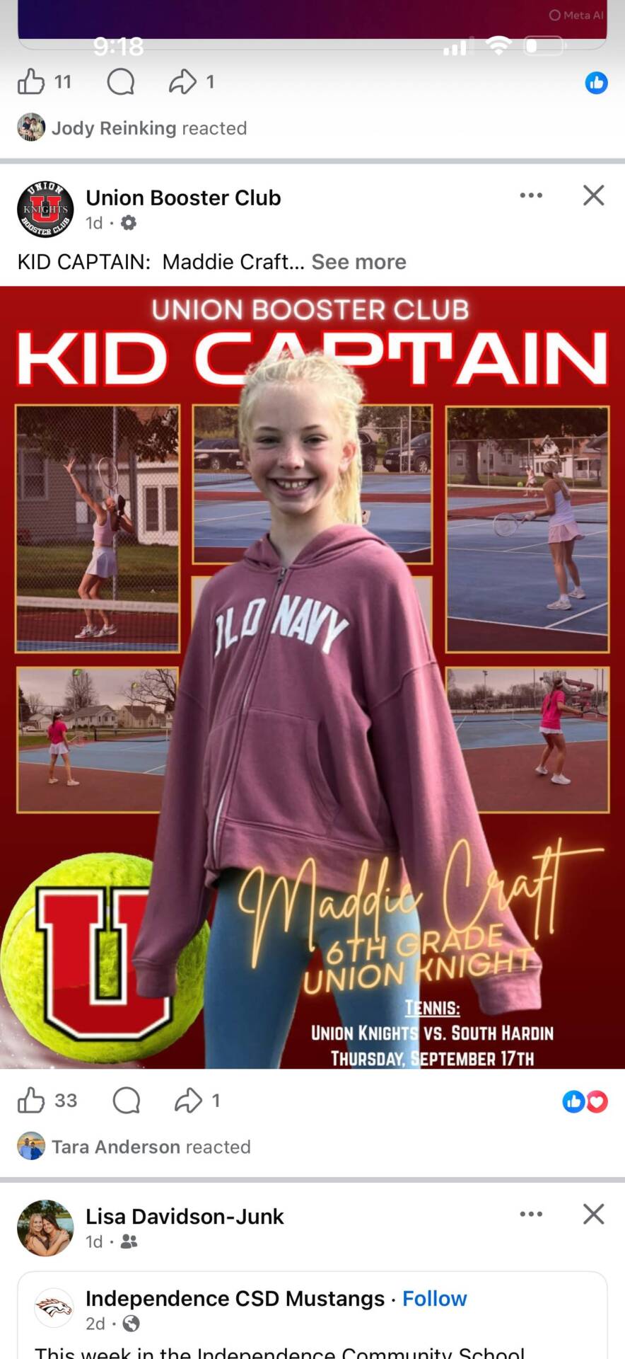 Union Booster Club Kid Captain post featuring sixth grader Maddie Craft with photos of her playing tennis.