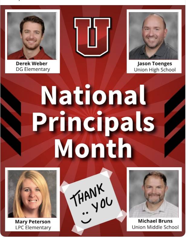 National Principals Month graphic thanks four school principals, featuring their portraits and school names.