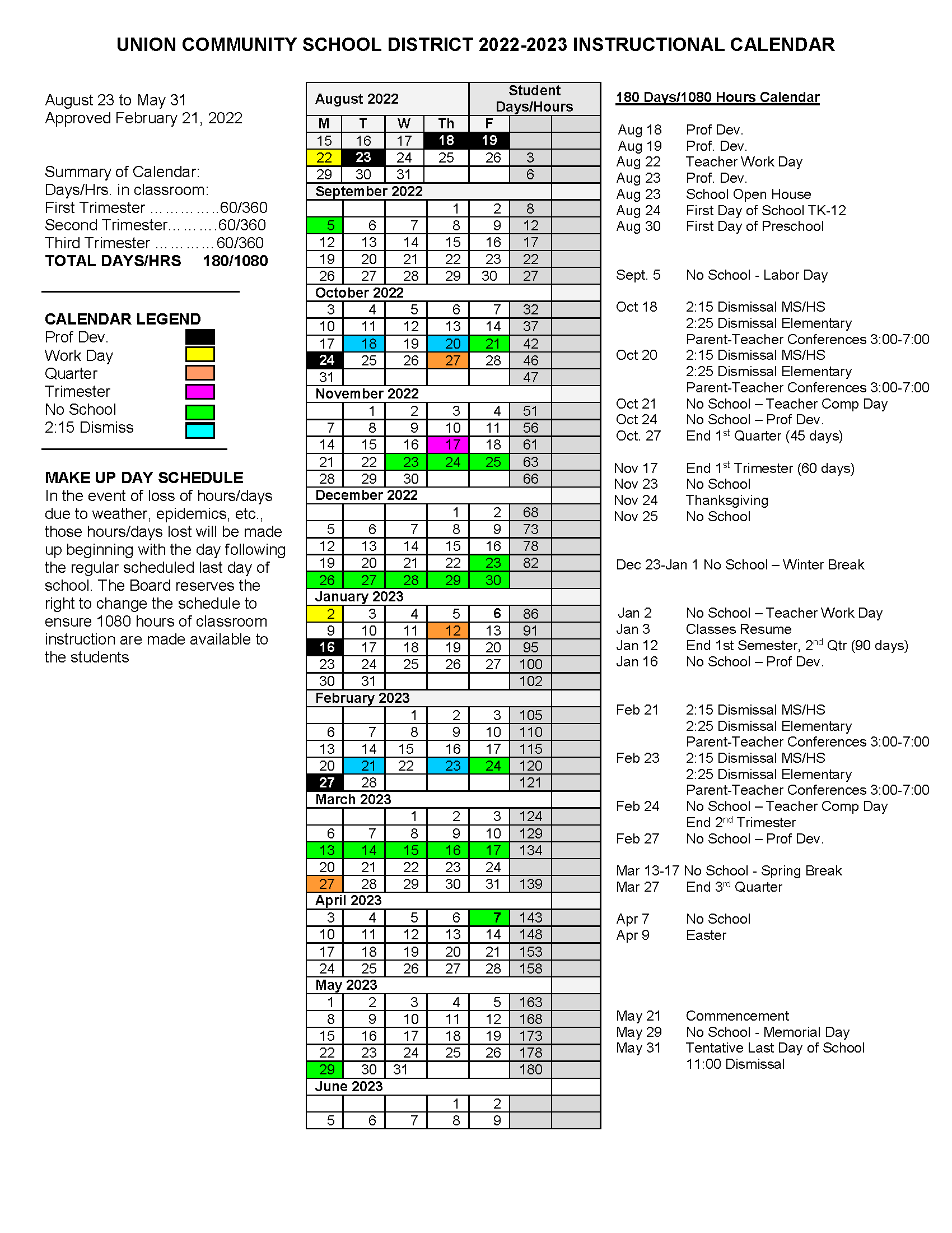 2022-2023 Instructional Calendar