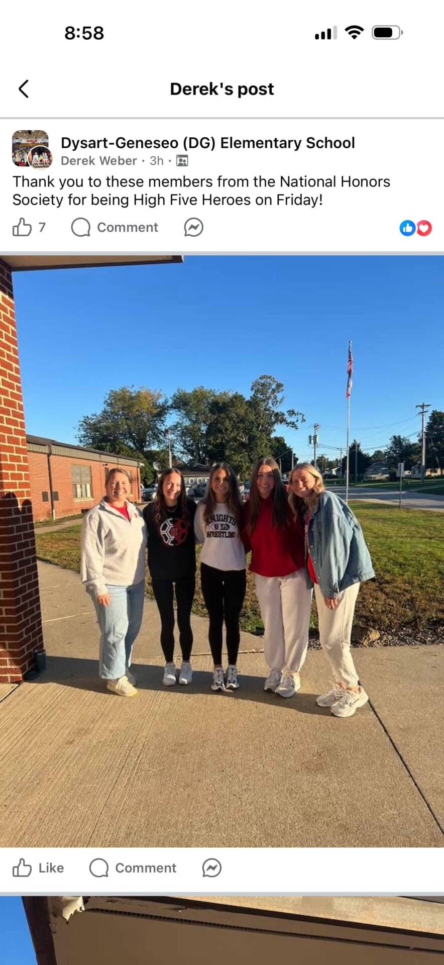 A Facebook post thanks National Honor Society students serving as High Five Heroes, showing five smiling people outside a school.
