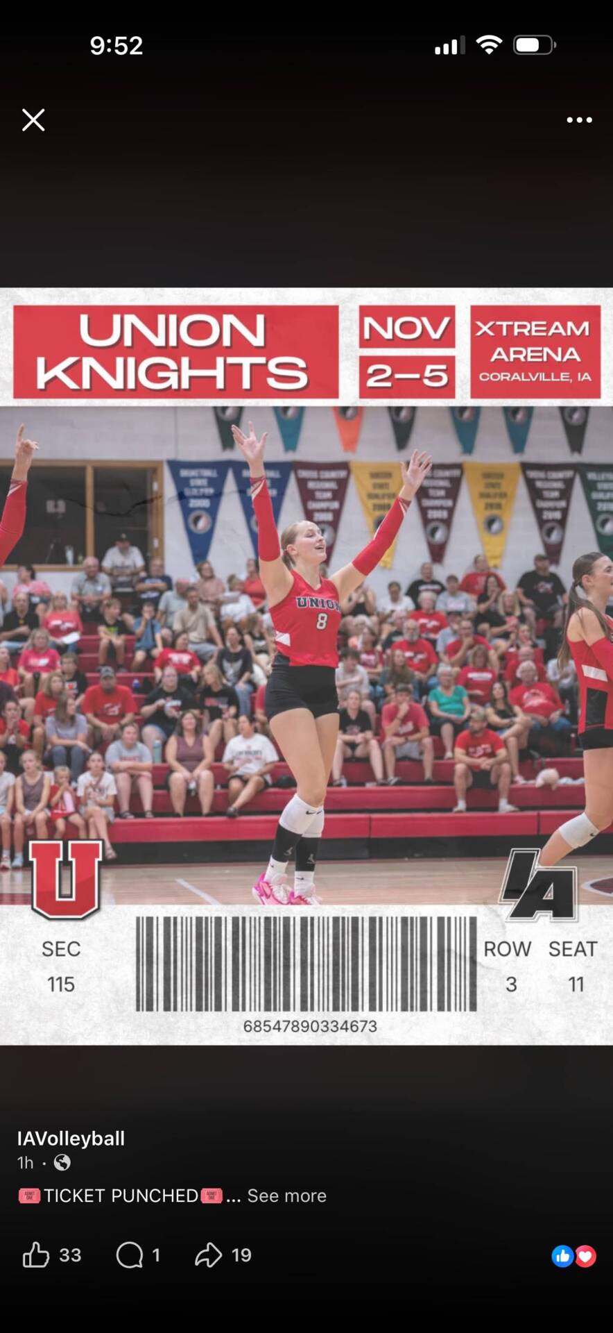 Union volleyball player number 8 raises her arms on the court in a promotional ticket graphic for the November 2–5 state tournament.